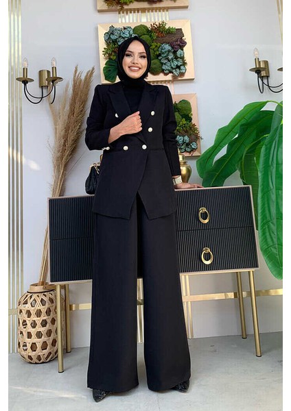 Bym Düğme Detay Blazer Ceket Bol Pantolon Takım 8302 Siyah fiyatları