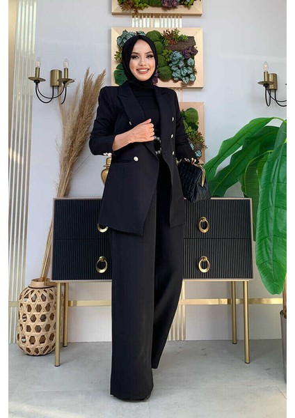 Bym Düğme Detay Blazer Ceket Bol Pantolon Takım 8302 Siyah modelleri
