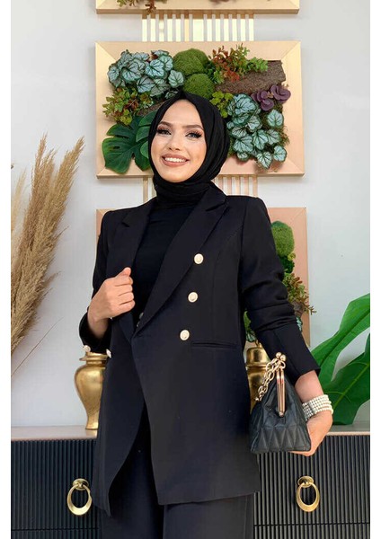Bym Düğme Detay Blazer Ceket Bol Pantolon Takım 8302 Siyah fırsatları