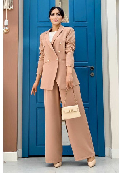 Bym Düğme Detay Blazer Ceket Bol Pantolon Takım 8302 Vizon