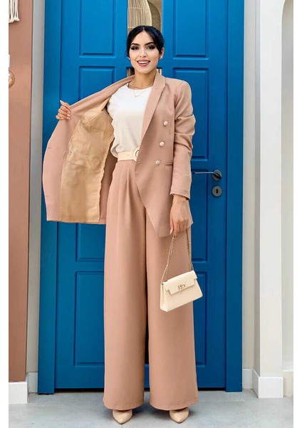 Bym Düğme Detay Blazer Ceket Bol Pantolon Takım 8302 Vizon fiyatları
