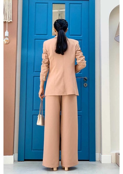 Bym Düğme Detay Blazer Ceket Bol Pantolon Takım 8302 Vizon modelleri