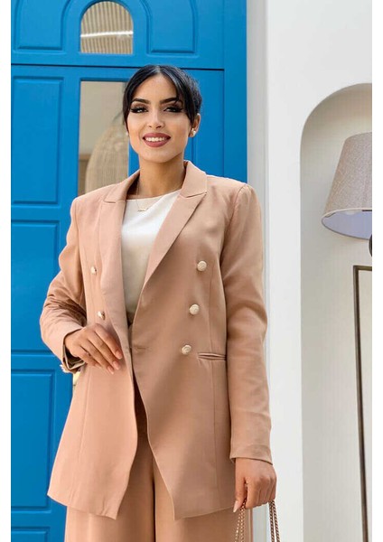 Bym Düğme Detay Blazer Ceket Bol Pantolon Takım 8302 Vizon fırsatları