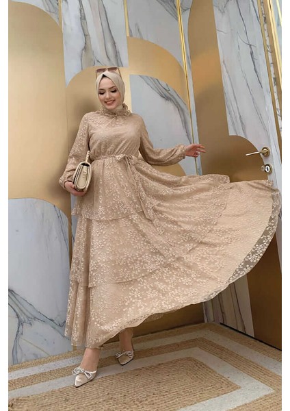 Bym Dantel Kat Kat Detaylı Kol Manşetleri Lastikli Kuşaklı Astarlı Elbise 3614 Vizon