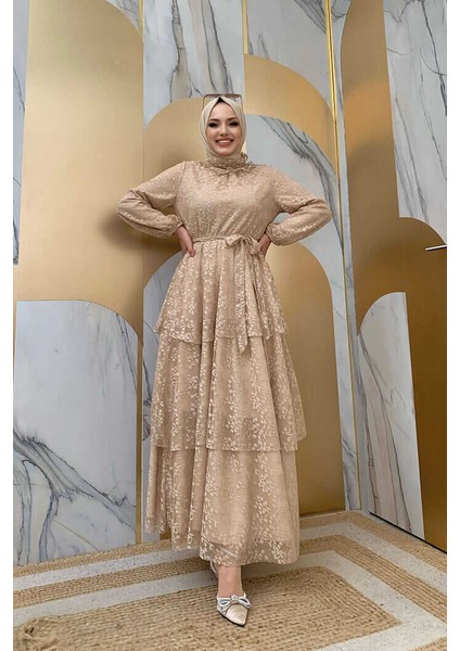 Bym Dantel Kat Kat Detaylı Kol Manşetleri Lastikli Kuşaklı Astarlı Elbise 3614 Vizon fiyatları