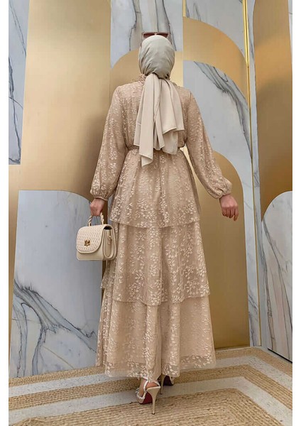 Bym Dantel Kat Kat Detaylı Kol Manşetleri Lastikli Kuşaklı Astarlı Elbise 3614 Vizon modelleri