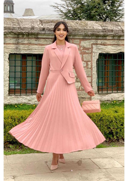 Bym Ceket Görünümlü Eteği Piliseli Elbise 3700 Pudra
