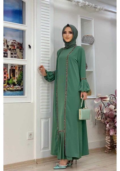 Bym Taş Detaylı Abaya Sıfır Kol Elbise Takım 3657 Mint