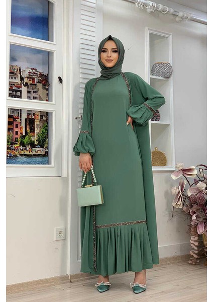 Bym Taş Detaylı Abaya Sıfır Kol Elbise Takım 3657 Mint fiyatları