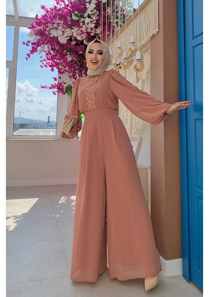 Bym Fashion Bym Dantel Işleme Detay Kol Manşetleri Lastikli Şifon Tulum 3730 Somon