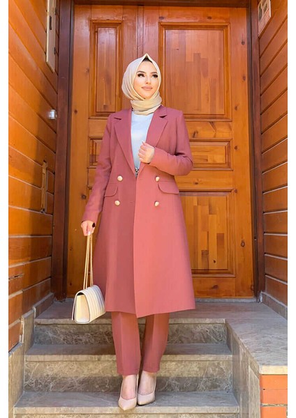Cep ve Düğme Görünümlü Uzun Ceket Pantolon Takım 8357 Gül Kurusu