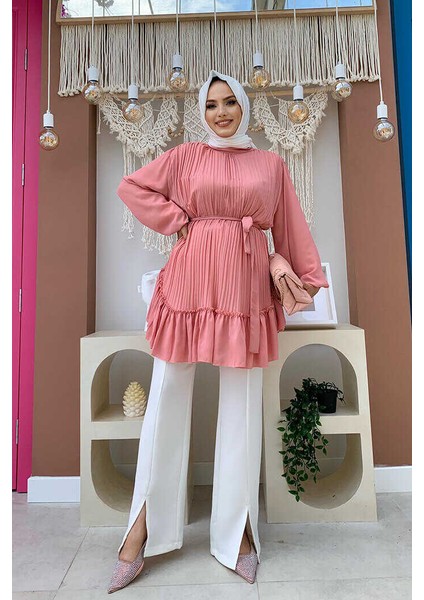 Bym Fashion Bym Eteği Pile Görünümlü Bel Kuşaklı Piliseli Tunik 2673 Pudra