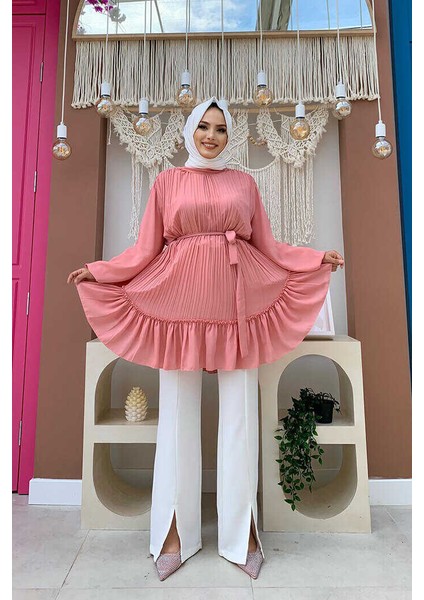 Bym Fashion Bym Eteği Pile Görünümlü Bel Kuşaklı Piliseli Tunik 2673 Pudra