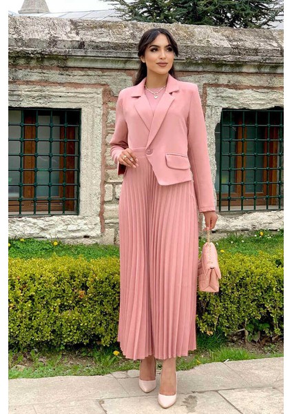 Bym Ceket Görünümlü Eteği Piliseli Elbise 3700 Pudra fiyatları