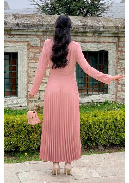 Bym Ceket Görünümlü Eteği Piliseli Elbise 3700 Pudra modelleri