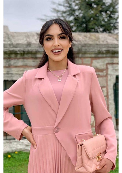 Bym Ceket Görünümlü Eteği Piliseli Elbise 3700 Pudra fırsatları