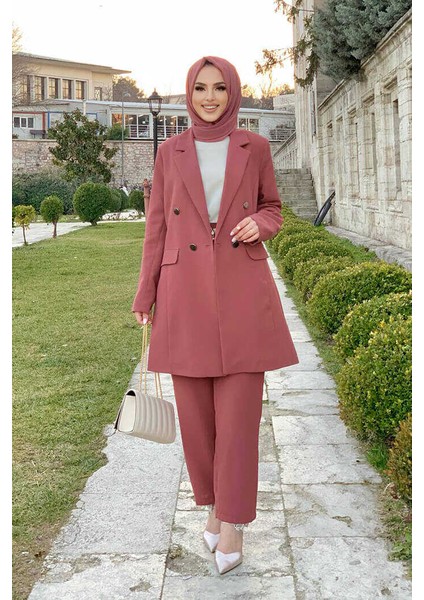 Bym Düğme Detaylı Kısa Ceket Pantolon Takım 8352 Gül Kurusu