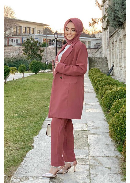 Bym Düğme Detaylı Kısa Ceket Pantolon Takım 8352 Gül Kurusu modelleri