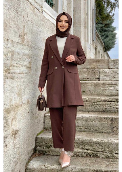 Bym Düğme Detaylı Kısa Ceket Pantolon Takım 8352 Kahverengi