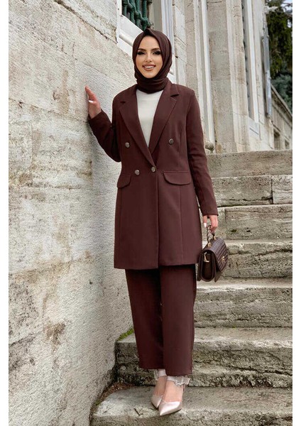 Bym Düğme Detaylı Kısa Ceket Pantolon Takım 8352 Kahverengi fiyatları