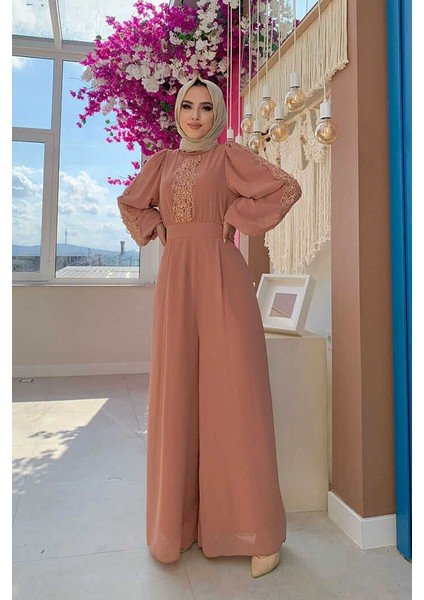 Bym Dantel Işleme Detay Kol Manşetleri Lastikli Şifon Tulum 3730 Somon