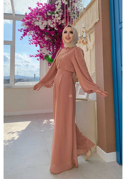 Bym Dantel Işleme Detay Kol Manşetleri Lastikli Şifon Tulum 3730 Somon