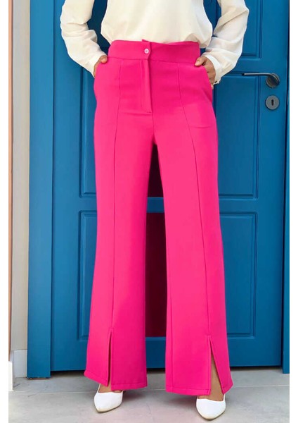 Bym Fermuarlı Yırtmaç Detaylı Cepli Krep Pantolon 0271 Fuşya