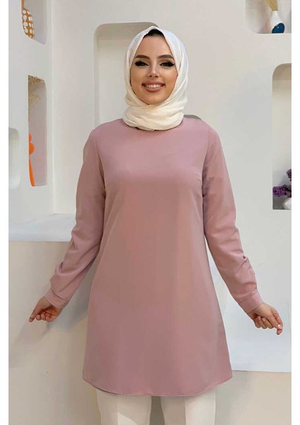 Bym Kol Manşetleri Düğmeli Bisiklet Yaka Uzun Tunik 2649 Pudra