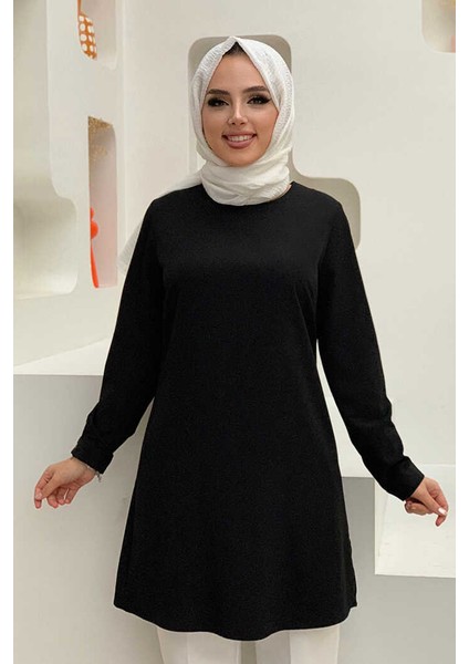Bym Kol Manşetleri Düğmeli Bisiklet Yaka Uzun Tunik 2649 Siyah