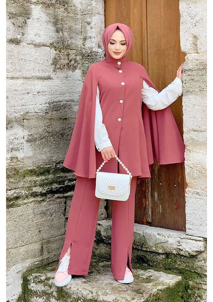 Bym Pelerinli Düğme Detay Ceket ve Pantolon Takım 8354 Gül Kurusu