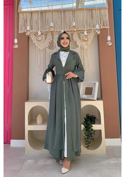 Bym Kemer Aksesualrı Şifon Detaylı Abaya ve Içlik Takım 8391 Mint