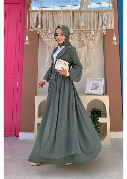 Bym Kemer Aksesualrı Şifon Detaylı Abaya ve Içlik Takım 8391 Mint