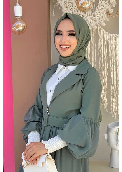 Bym Kemer Aksesualrı Şifon Detaylı Abaya ve Içlik Takım 8391 Mint