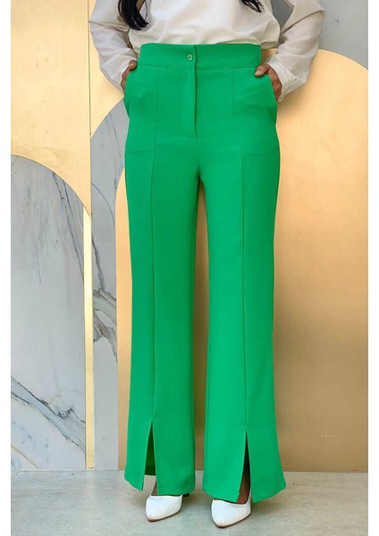 Bym Fermuarlı Yırtmaç Detaylı Cepli Krep Pantolon 0271 Yeşil