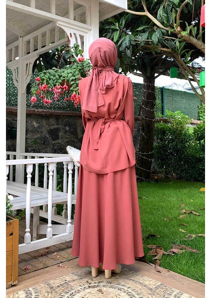 Bym Bel Kemer Detaylı Bluz ve Mevlana Etek Takım 8390 Gül Kurusu modelleri