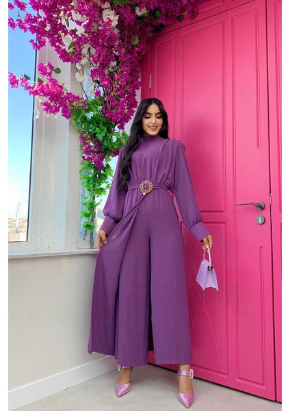 Bym Fashion Bym Bel Lastikli Düğme Görünümlü Kemer Aksesuarlı Tulum 3757 Mor