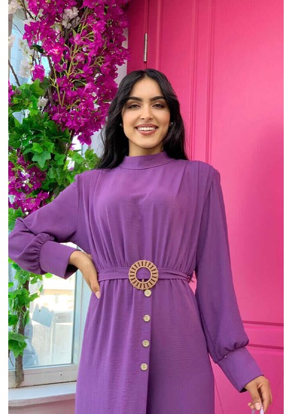 Bym Fashion Bym Bel Lastikli Düğme Görünümlü Kemer Aksesuarlı Tulum 3757 Mor