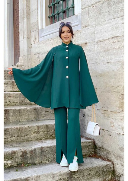 Bym Pelerinli Düğme Detay Ceket ve Pantolon Takım 8354 Zümrüt