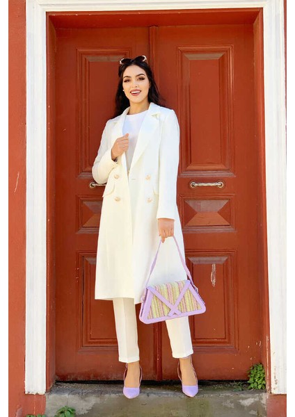 Bym Cep ve Düğme Görünümlü Uzun Ceket Pantolon Takım 8357 Ekru