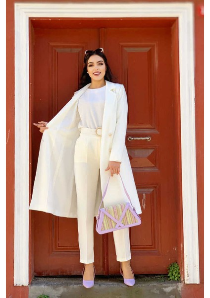 Bym Cep ve Düğme Görünümlü Uzun Ceket Pantolon Takım 8357 Ekru fiyatları