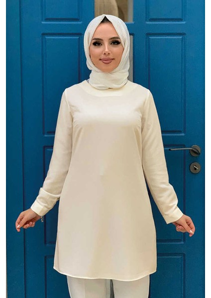 Bym Kol Manşetleri Düğmeli Bisiklet Yaka Uzun Tunik 2649 Taş