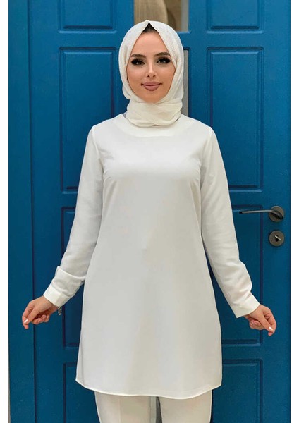 Bym Kol Manşetleri Düğmeli Bisiklet Yaka Uzun Tunik 2649 Ekru