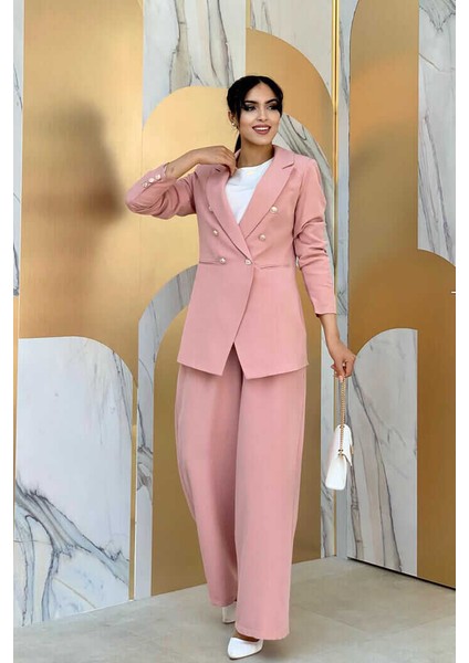Bym Düğme Detay Blazer Ceket Bol Pantolon Takım 8302 Pudra
