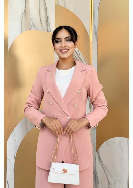 Bym Düğme Detay Blazer Ceket Bol Pantolon Takım 8302 Pudra modelleri