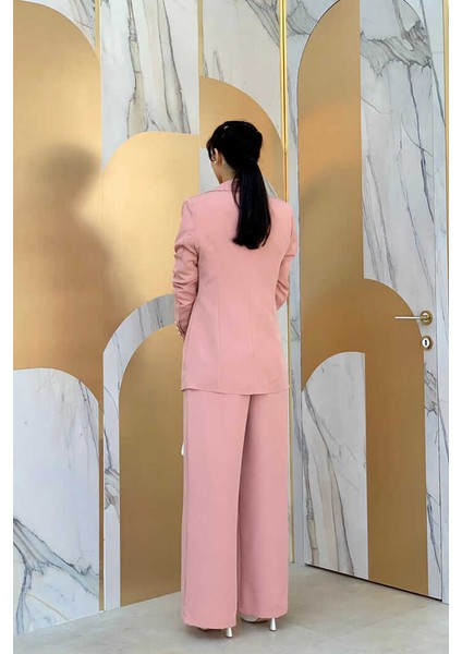 Bym Düğme Detay Blazer Ceket Bol Pantolon Takım 8302 Pudra fırsatları