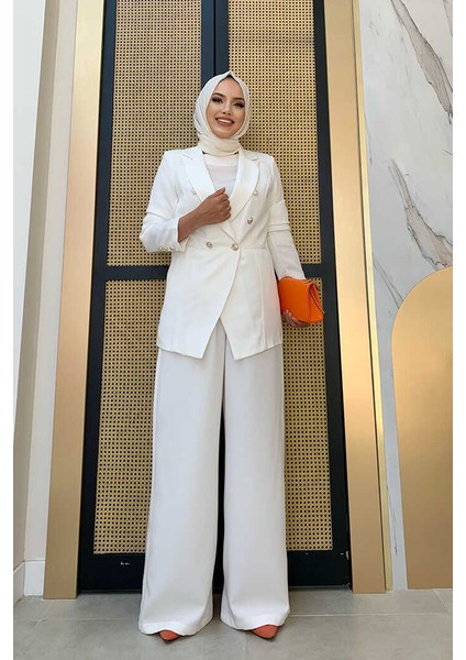 Bym Düğme Detay Blazer Ceket Bol Pantolon Takım 8302 Ekru