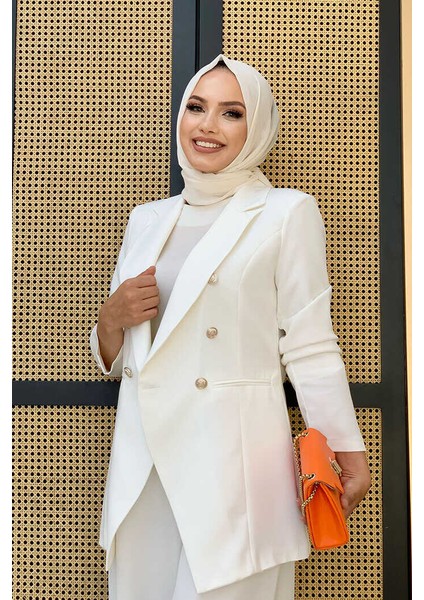 Bym Düğme Detay Blazer Ceket Bol Pantolon Takım 8302 Ekru fırsatları