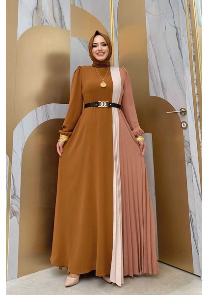 Bym Üç Renkli Bel Kemer Pilise Detay Elbise 3622 Taba