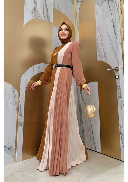 Bym Üç Renkli Bel Kemer Pilise Detay Elbise 3622 Taba fiyatları