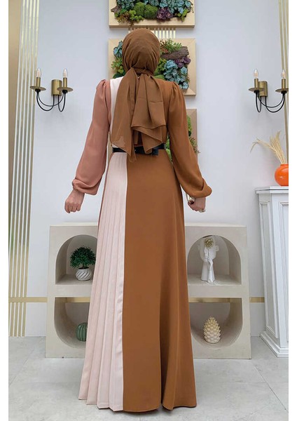 Bym Üç Renkli Bel Kemer Pilise Detay Elbise 3622 Taba modelleri